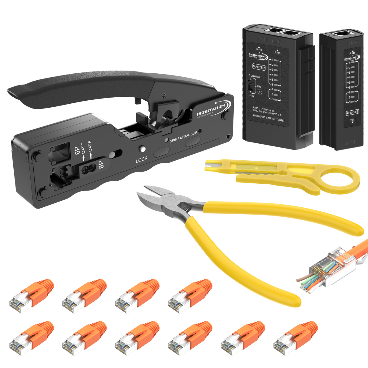 RedStar24 Netzwerk Werkzeugset – Pass-Through Crimpzange & Netzwerktester