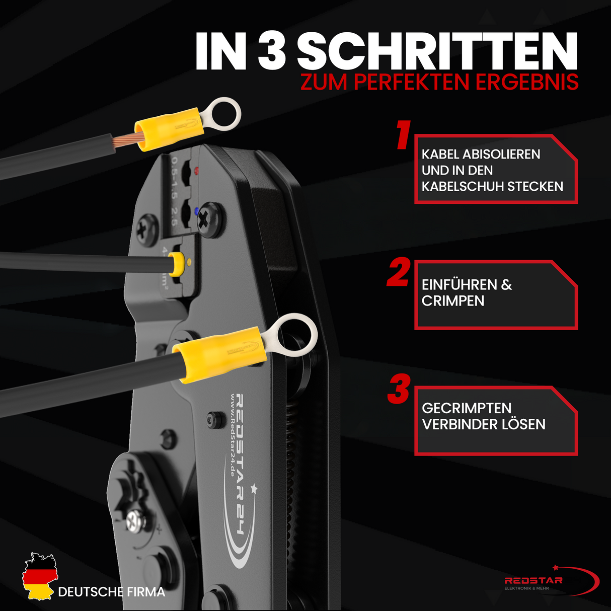 RedStar24 Crimpzange Set mit 700 Kabelschuhen – Flachstecker & Quetschverbinder in 27 Typen (0,5–6 mm²)