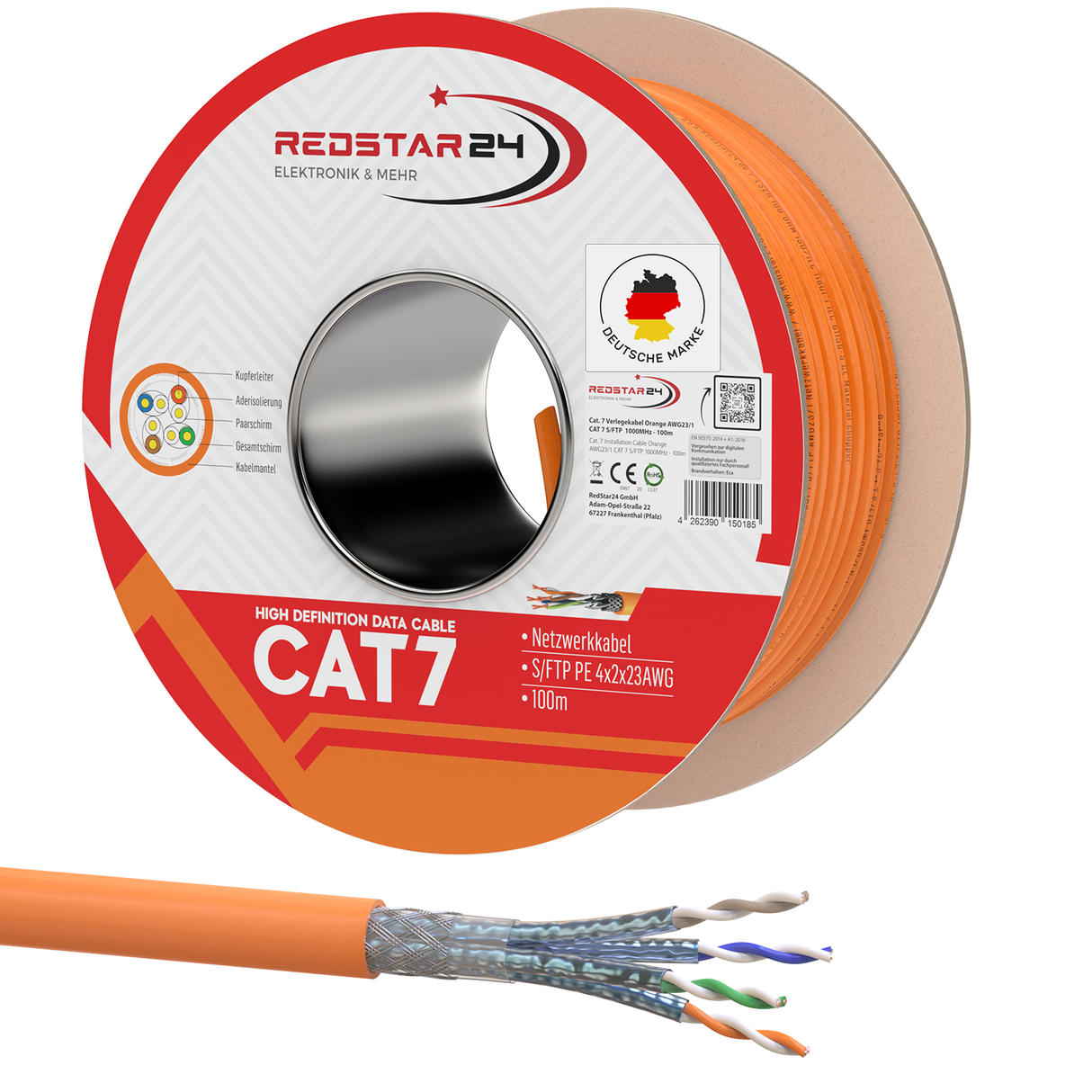 Cat7 installation cable S/FTP 1000 MHz - Orange, LSZH (Eca), 23 AWG, PiMF