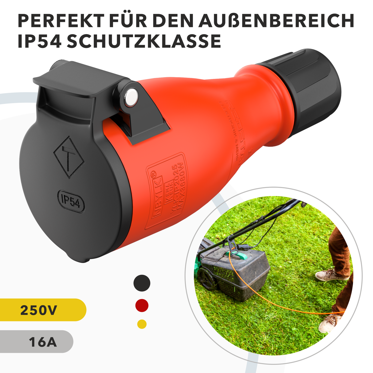 RedStar24 Schuko protective contact coupling IP54 – rubber socket with anti-kink sleeve for extension cables & outdoor use – set of 1, 2, 4, 10