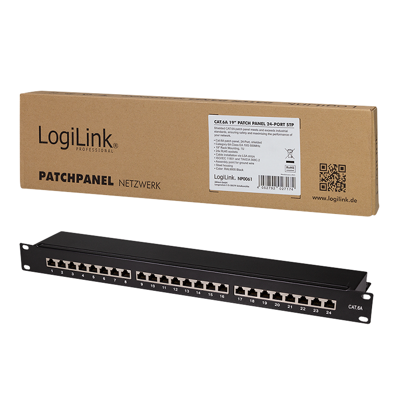 LogiLink patch panel Cat.6A - 24-port RJ45, shielded, 19 inch, PoE/PoE+/PoE++, black (RAL 9005)