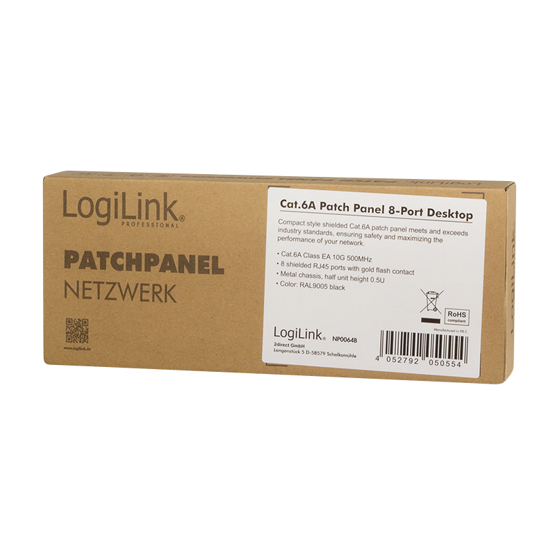 LogiLink Patch Panel Cat.6A – 8-Port RJ45, Shielded, Compact for Wall & Desktop Mounting, PoE/PoE+/PoE++, Black (RAL 9005)