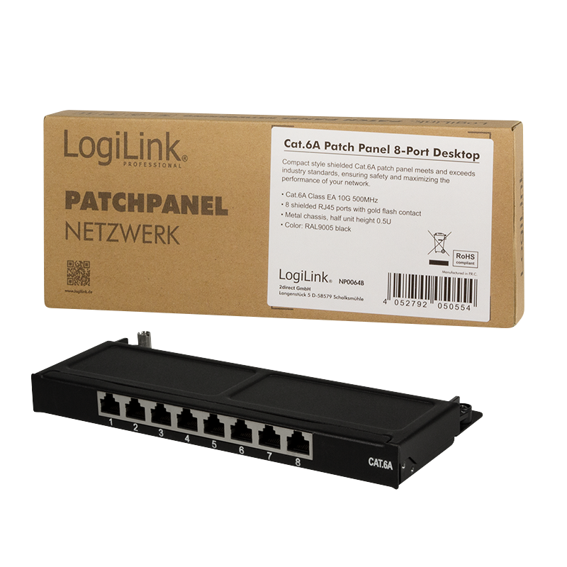 LogiLink Patch Panel Cat.6A – 8-Port RJ45, Shielded, Compact for Wall & Desktop Mounting, PoE/PoE+/PoE++, Black (RAL 9005)