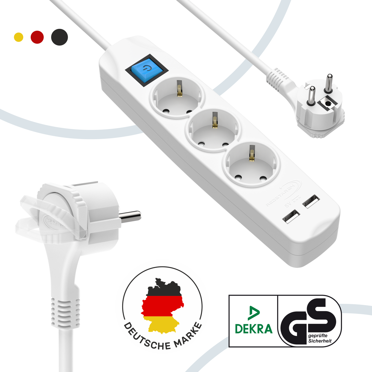 Flache Mehrfachsteckdose mit 2 USB-Ports und Schalter – RedStar24 Weiß