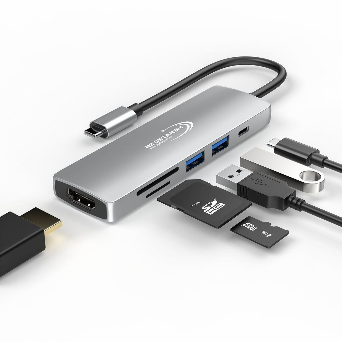 RedStar24 USB C Hub 6-in-1 Adapter in Space Grau – HDMI 4K &amp; USB 3.0 Ports