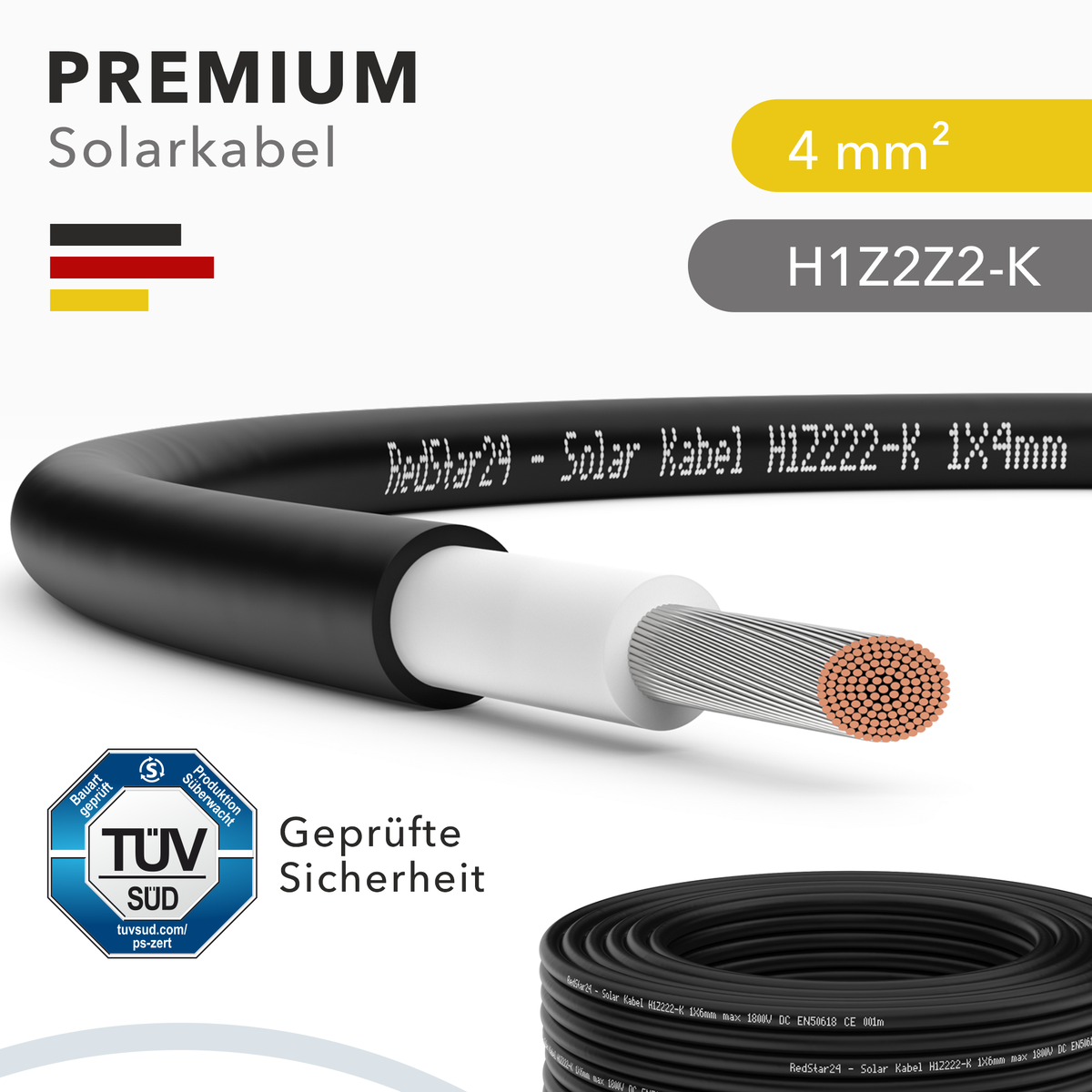 Solarkabel 4mm² TÜV Geprüft Solarleitung PV Kabel für Photovoltaik Anlagen Kupfer 5m-100m