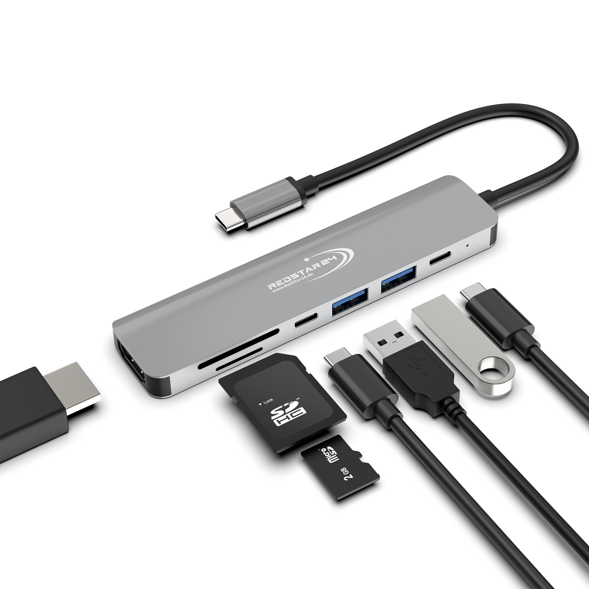 RedStar24 USB C Hub 7-in-1 Adapter – HDMI 4K &amp; USB 3.0 in Space Grau