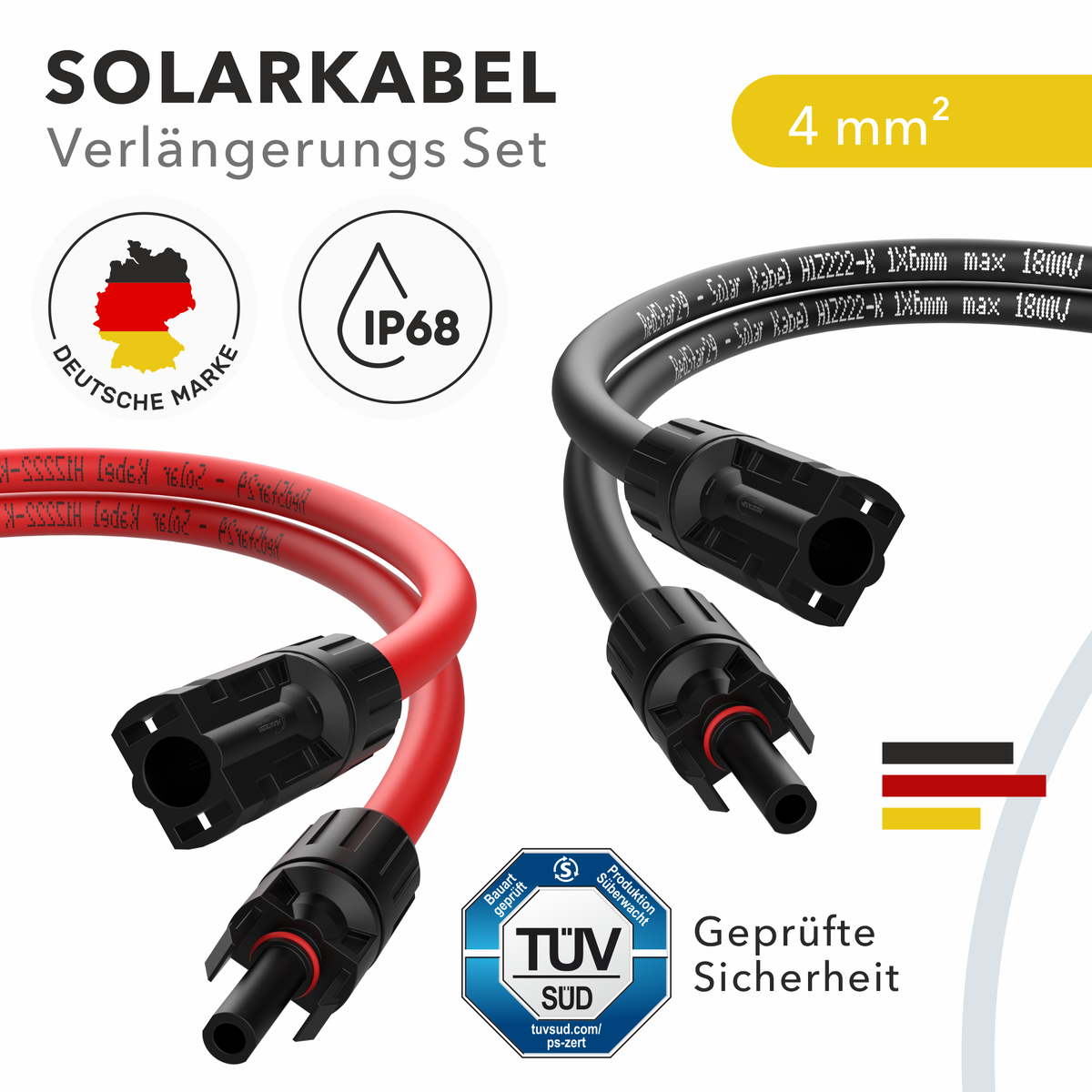 TÜV-zertifiziertes Solarkabel Set mit IP68 Schutz – RedStar24 PV Kabel