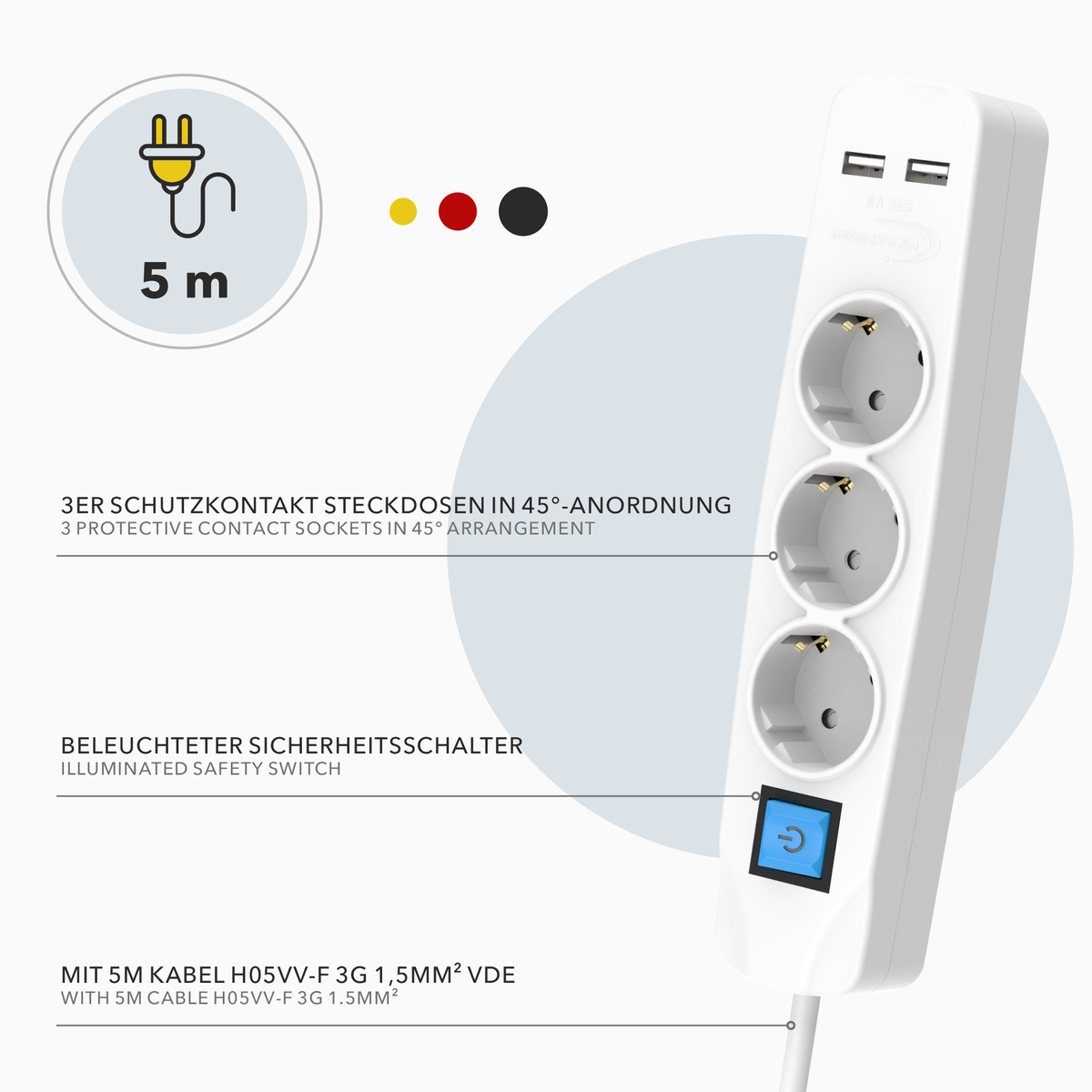 RedStar24 Steckdosenleiste 3-fach mit USB – 1,5m/3m/5m Verlängerungskabel, Flachstecker 8mm, Weiß – Mehrfachsteckdose mit 2 USB-Ports & Schalter