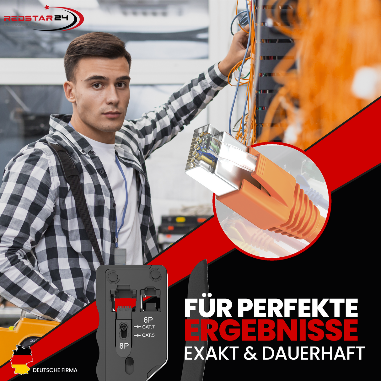 RedStar24 Kit d'outils réseau – Pince à sertir traversante, testeur de réseau, dénudeur, pince coupante diagonale et 10 fiches RJ45 (CAT6a/CAT7)