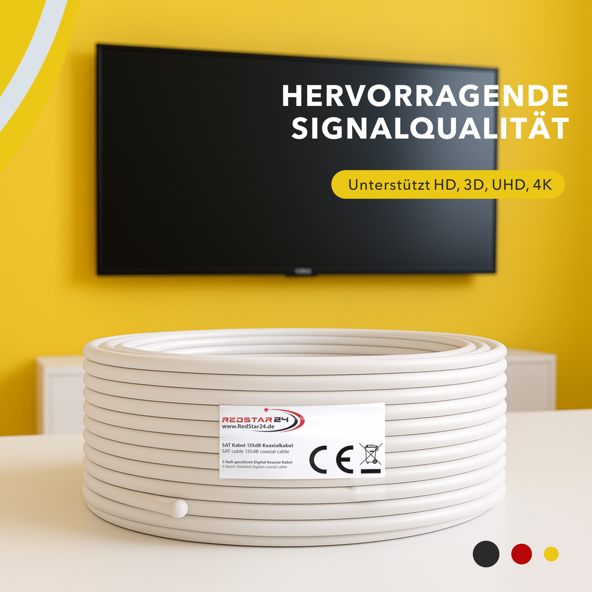 RedStar24 SAT coaxial cable 135 dB 5-way shielded – Digital satellite cable with 10x F-connectors – HDTV, 4K UHD, 3D – 10m to 100m