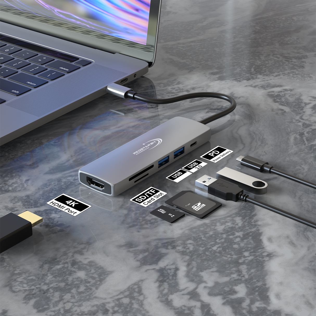 RedStar24 Hub USB C Adaptateur 6-en-1 – HDMI 4K, 2x USB 3.0, MicroSD/SD, PD 55W – Gris sidéral pour MacBook, Ordinateur Portable, Samsung, TV