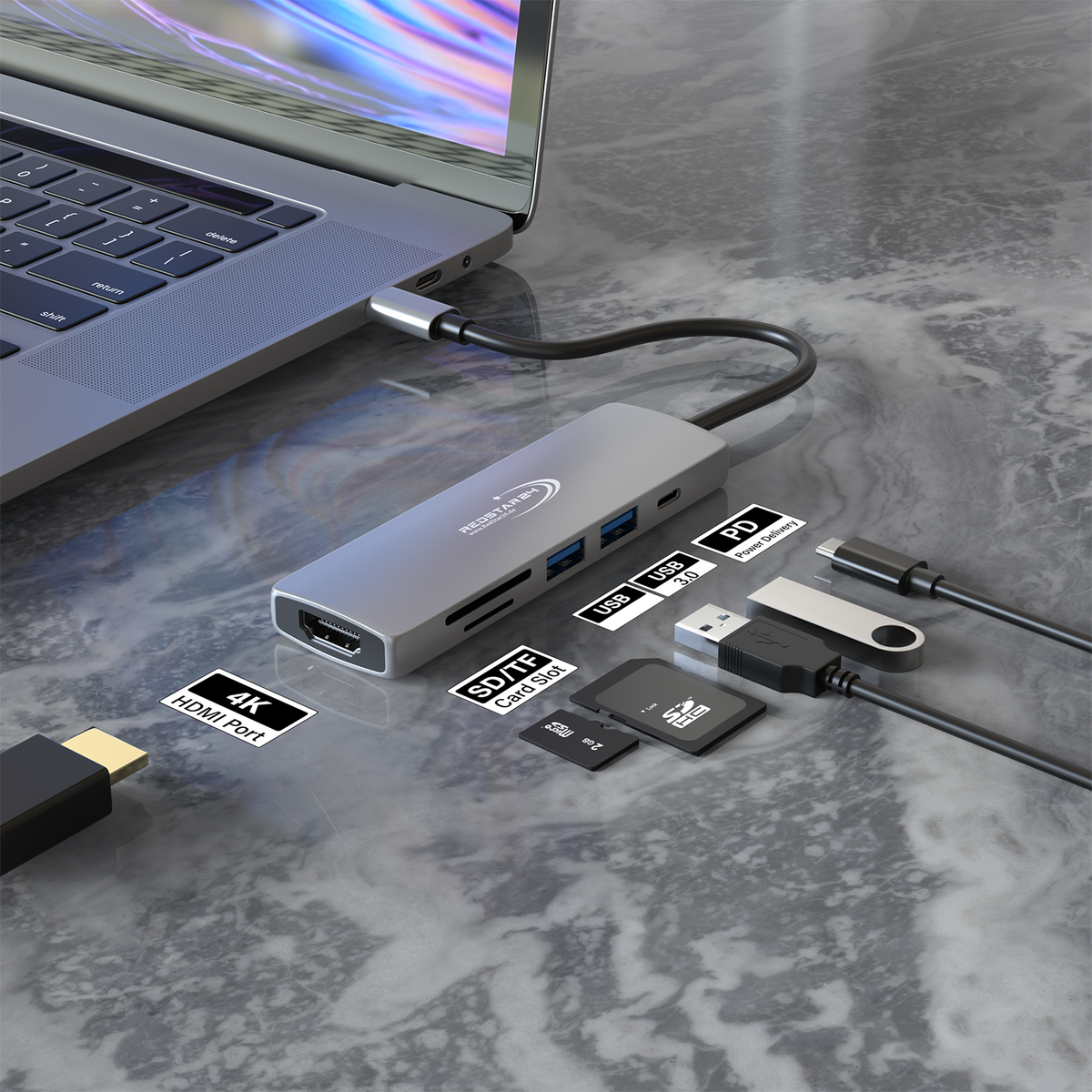 RedStar24 USB C Hub 6-in-1 Adapter – HDMI 4K, 2x USB 3.0, MicroSD/SD, PD 55W – Space Grau für MacBook, Laptop, Samsung, TV