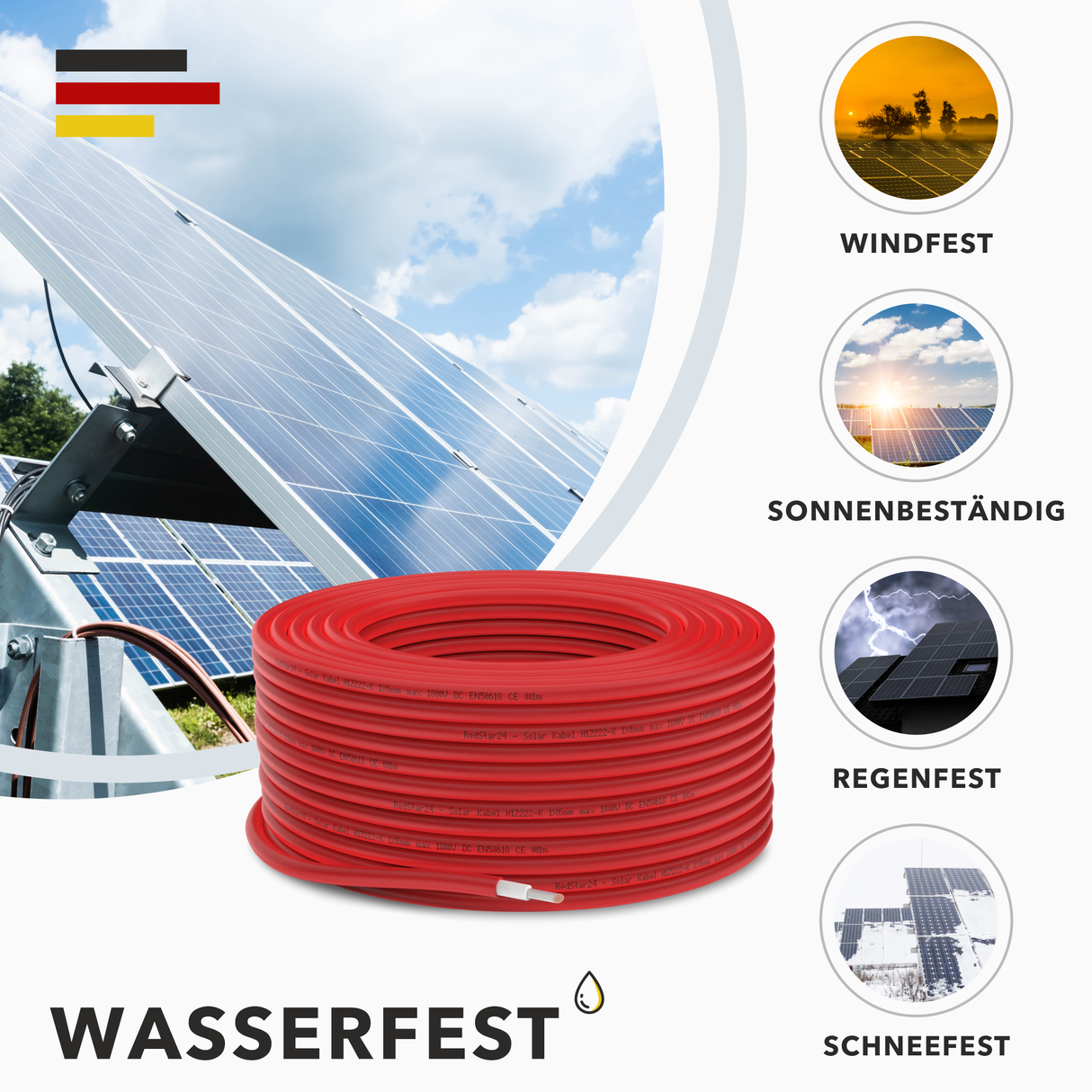 Solar cable 6mm² – H1Z2Z2-K (PV1-F), red/black, 5-100 m