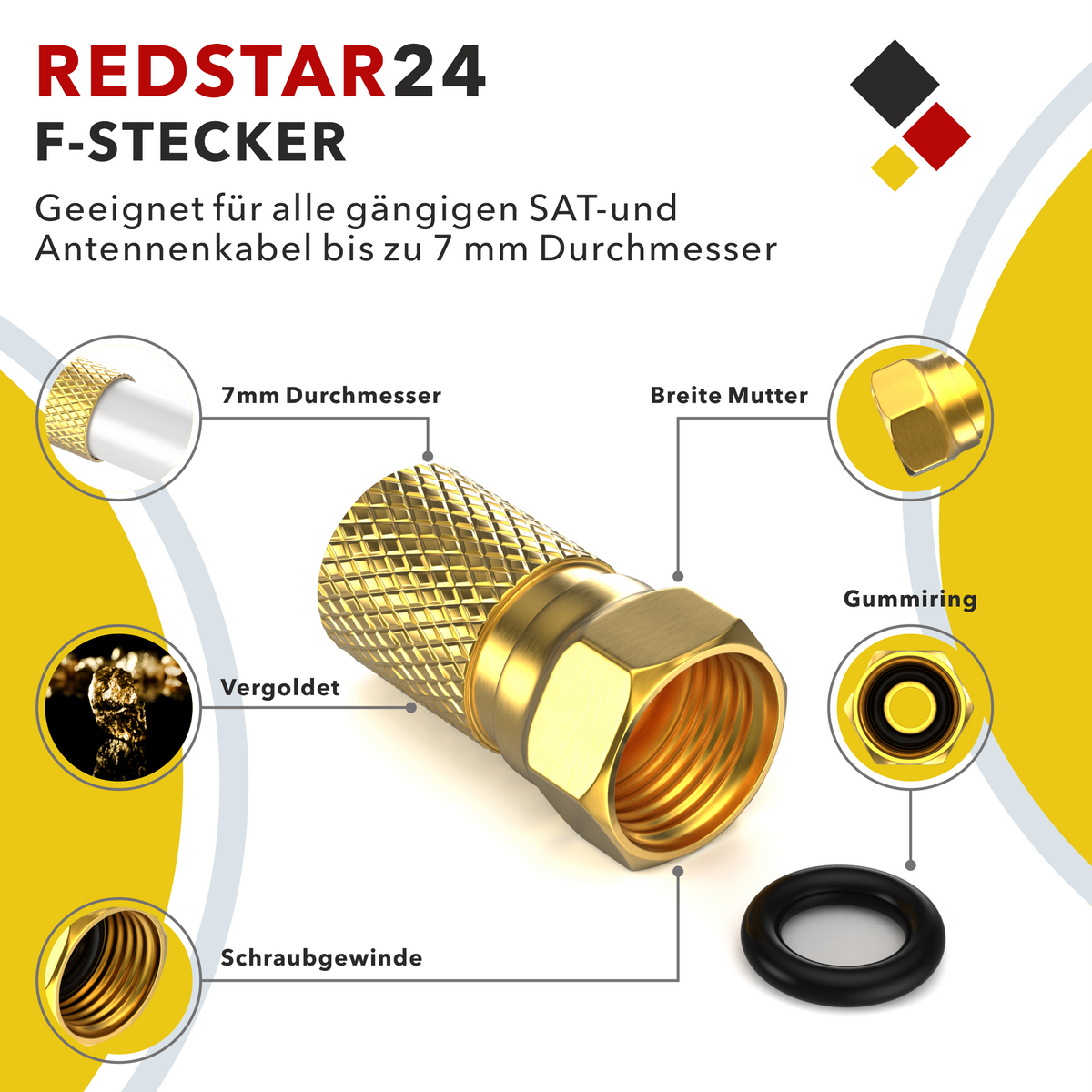 RedStar24 F-Stecker 7mm – SAT Kabel Stecker vergoldet – Koaxial Antennenstecker für TV & Receiver – 10er & 20er Pack