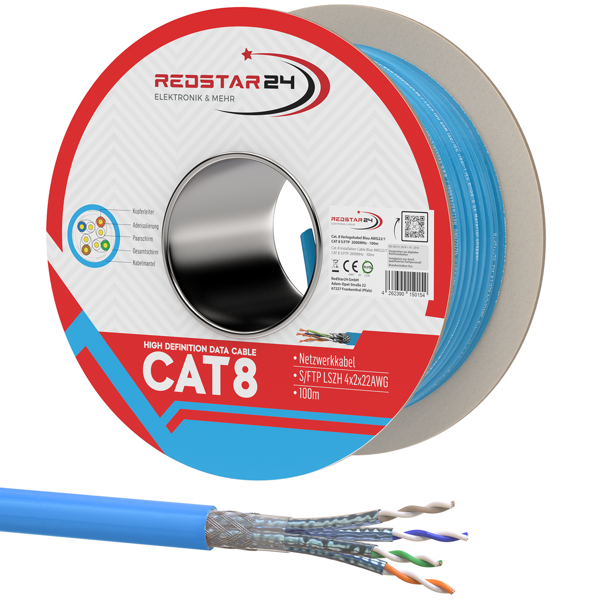 CAT 8 Kabel Spule 100m – Netzwerkkabel 40 Gbit/s RedStar24