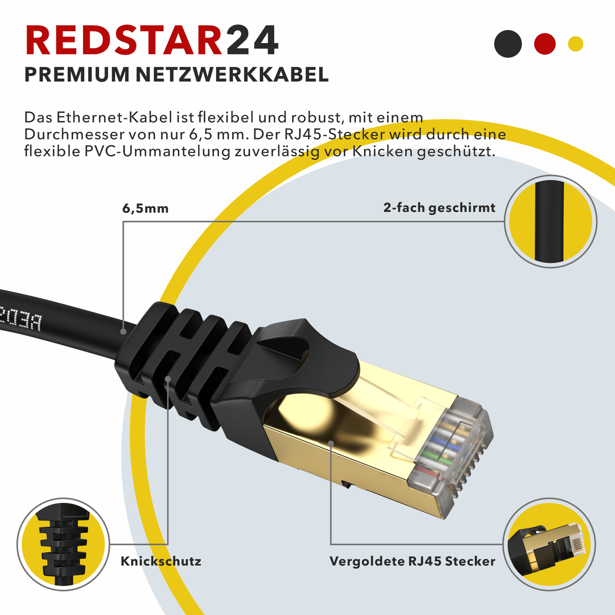 RedStar24 CAT 7 Patchkabel RJ45 – Ethernet LAN-Kabel, 0,25–20 m, Schwarz/Weiß, 10 Gbit/s, 600 MHz