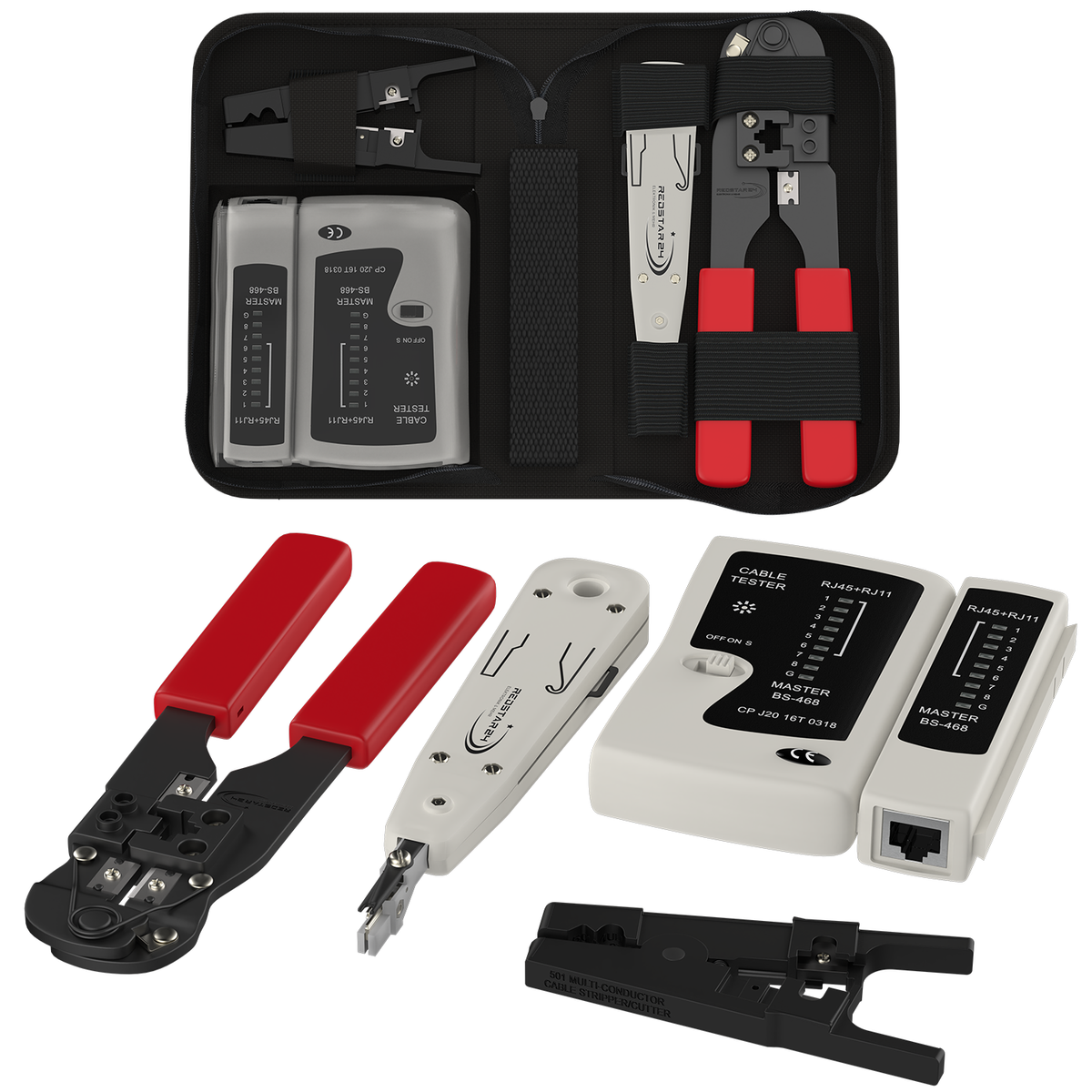 RedStar24 Netzwerk Werkzeugset 4-in-1 mit Tasche – Crimpzange, Tester, LSA &amp; Abisolierer