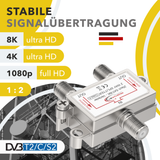 RedStar24 2-way satellite distributor – F-coupling splitter 120 dB – Digital TV, UHD 4K, DVB-S/S2, DVB-T2, DVB-C – Fully shielded metal housing