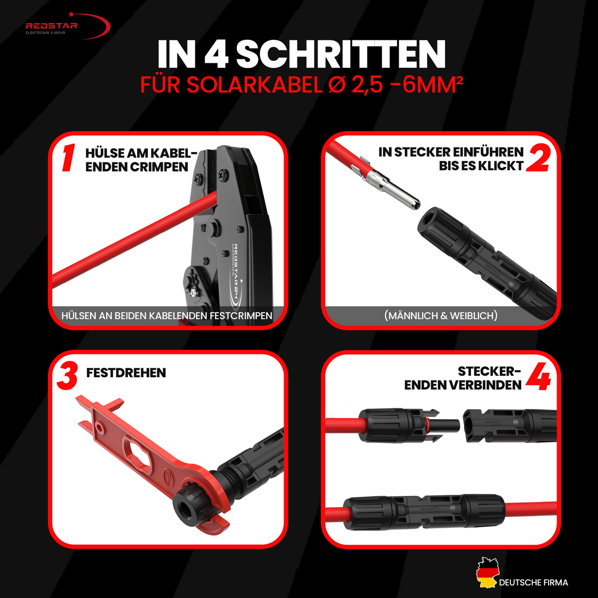 Solar-Werkzeugset RedStar24 – Crimpzange + 10 Paar Solarstecker IP67 für 2,5/4/6 mm²