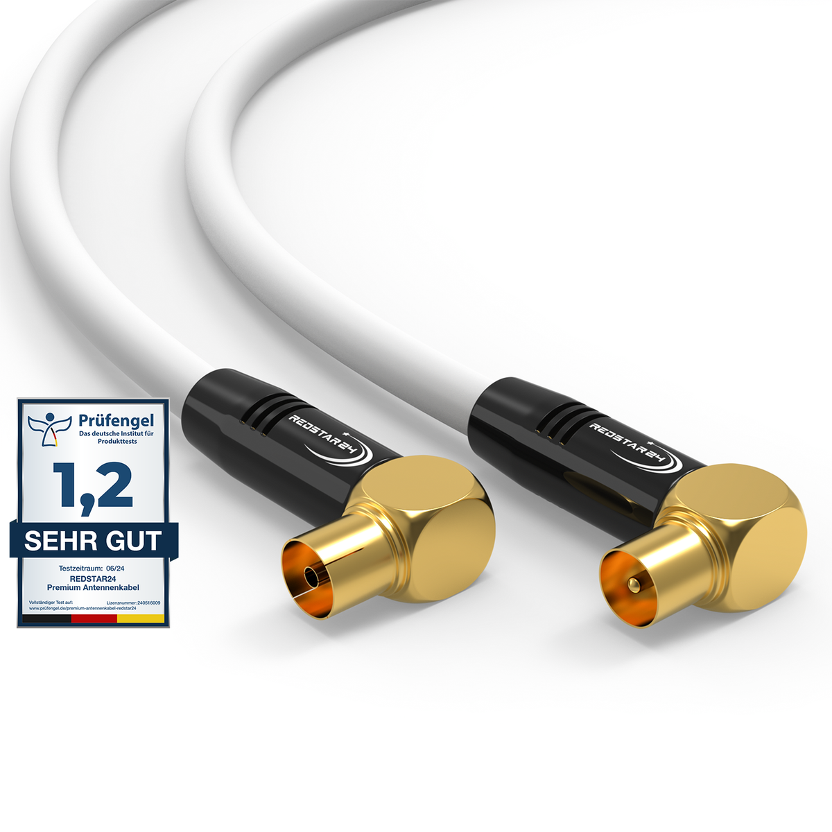 RedStar24 Antennenkabel 135 dB Koax Stecker-Buchse (Doppel-Winkel 90°) – HDTV, DVB-T2, Radio, DAB, 4K UHD, vergoldet – Schwarz/Weiß – 1m bis 30m