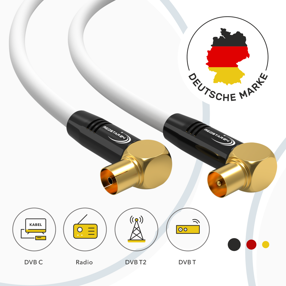 Vergoldete 90° Koax Winkelstecker am RedStar24 TV Antennenkabel – 135 dB, 4K UHD