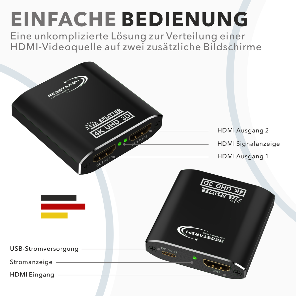 HDMI Splitter Plug &amp; Play – RedStar24 UHD Verteiler 1 In 2 Out