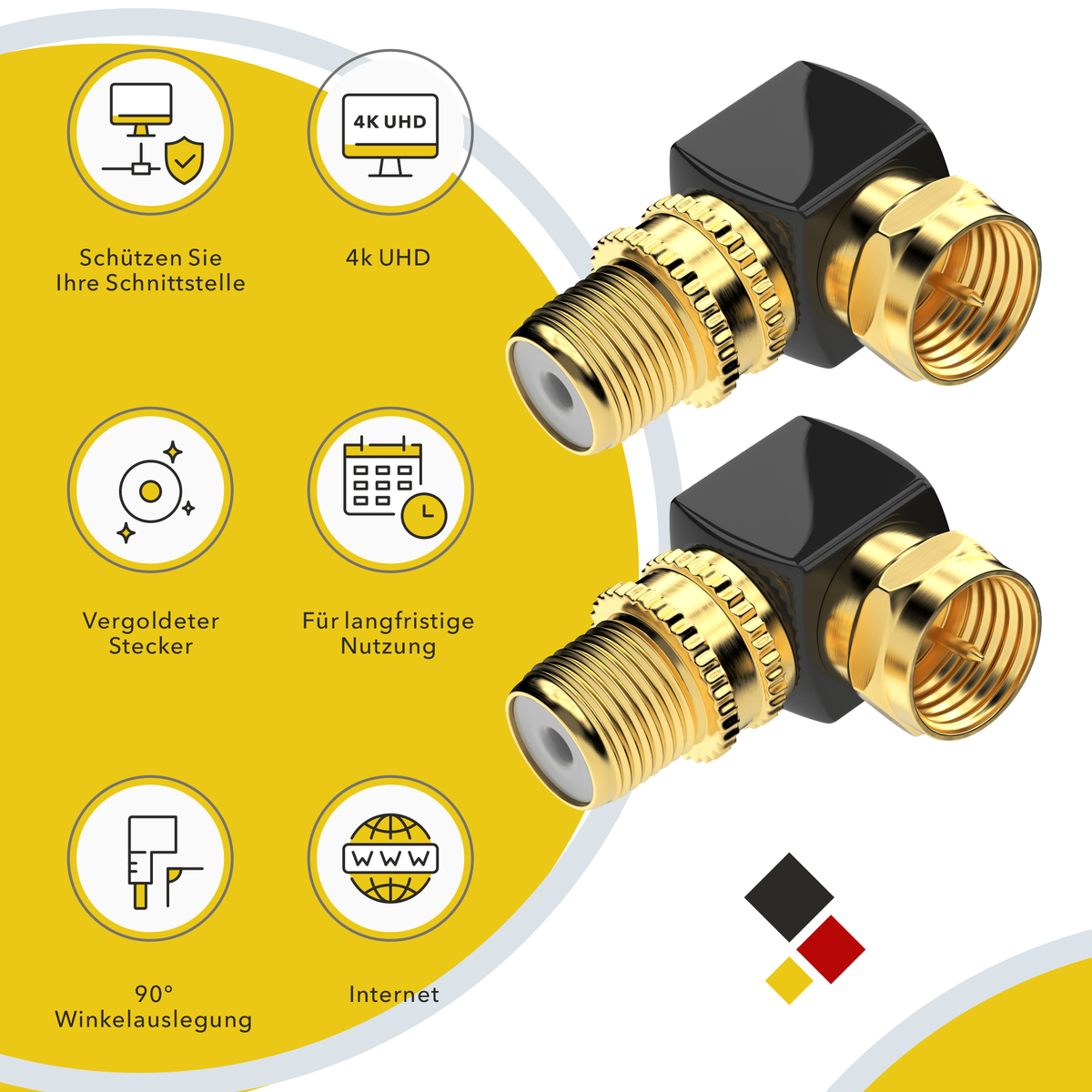 F-Stecker auf F-Buchse Winkeladapter – robust &amp; vergoldet