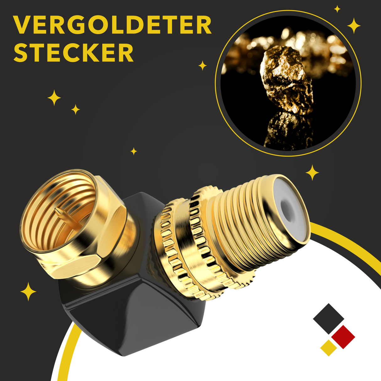 RedStar24 SAT angle adapter 90° – F-plug to F-socket – gold-plated – set of 2/4/10