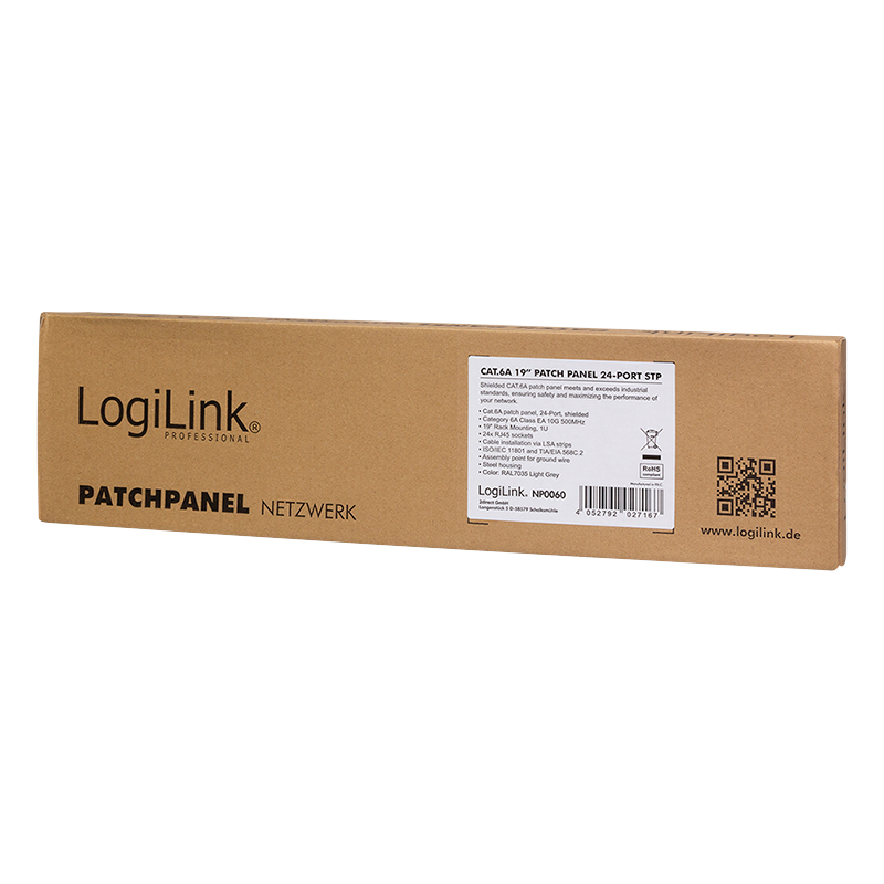 LogiLink patch panel Cat.6A - 24-port RJ45, shielded, 19 inch, PoE/PoE+/PoE++, light gray (RAL 7035)