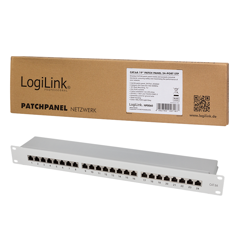 LogiLink patch panel Cat.6A - 24-port RJ45, shielded, 19 inch, PoE/PoE+/PoE++, light gray (RAL 7035)