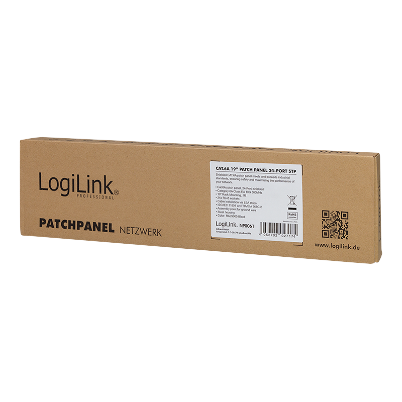 LogiLink patch panel Cat.6A - 24-port RJ45, shielded, 19 inch, PoE/PoE+/PoE++, black (RAL 9005)