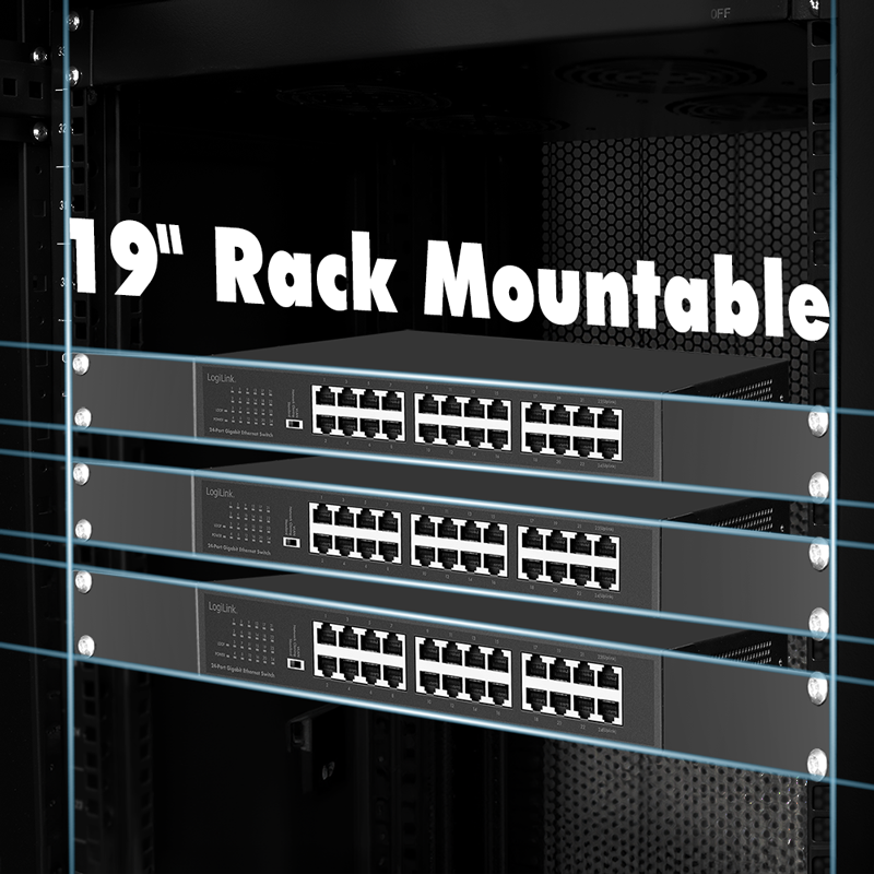 LogiLink 24-Port Gigabit Switch NS1324 – Unmanaged Ethernet Netzwerk Switch, Metallgehäuse, energieeffizient, 19"-fähig