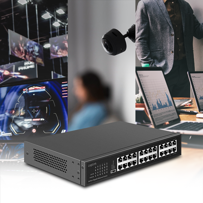 LogiLink 24-Port Gigabit Switch NS1324 – Unmanaged Ethernet Netzwerk Switch, Metallgehäuse, energieeffizient, 19"-fähig