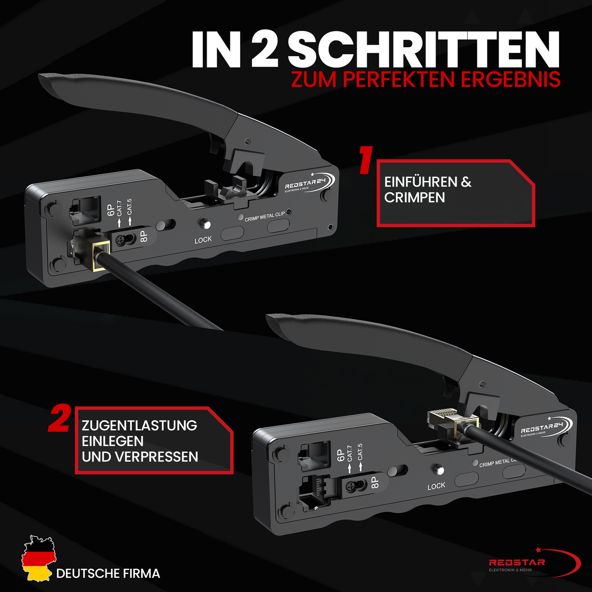 RedStar24 RJ45 Crimpzange – Netzwerk Crimpzange für RJ45 & RJ11 Stecker, kompatibel mit Cat5e, Cat6a, Cat7 & Cat8