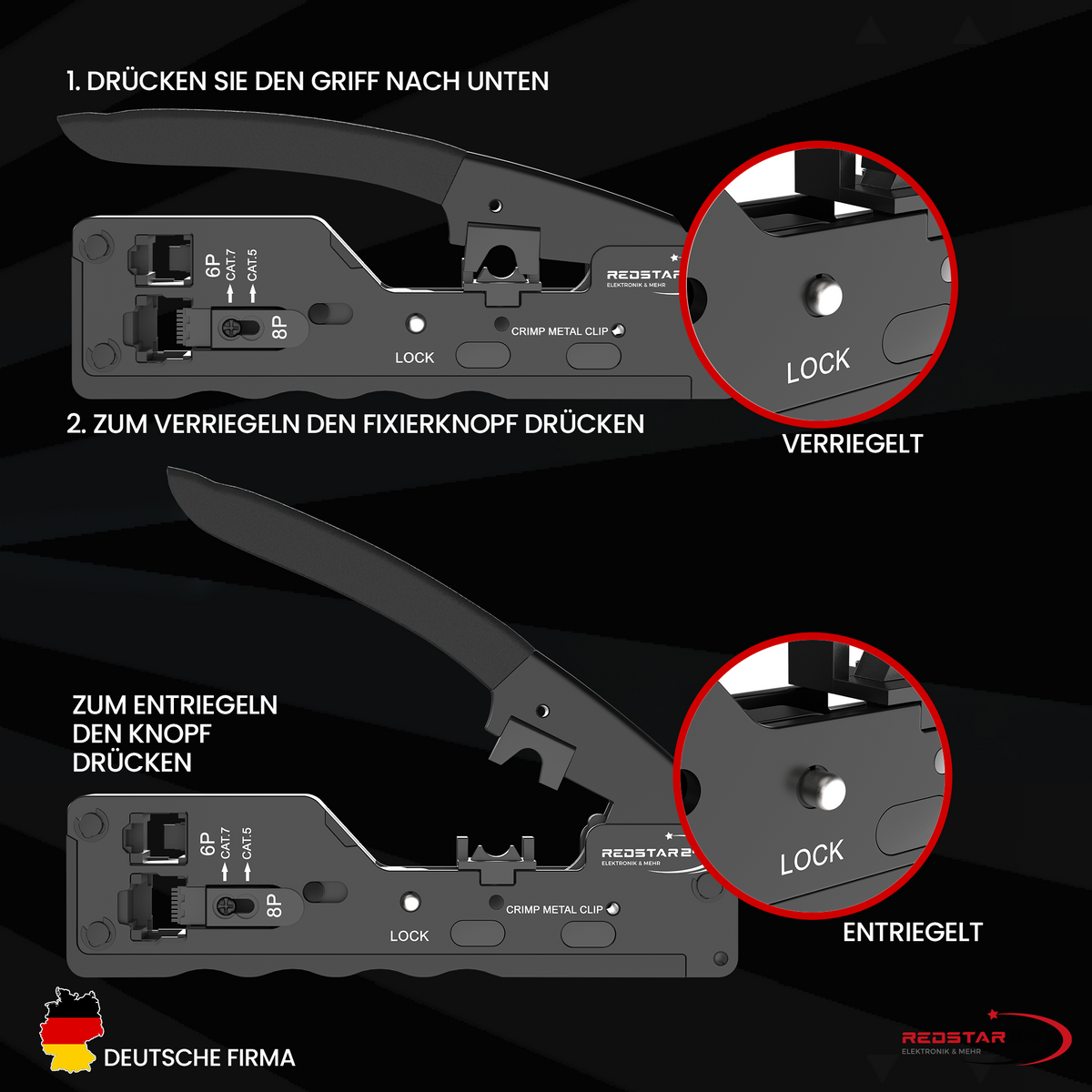 RedStar24 RJ45 Crimpzange – Netzwerk Crimpzange für RJ45 & RJ11 Stecker, kompatibel mit Cat5e, Cat6a, Cat7 & Cat8