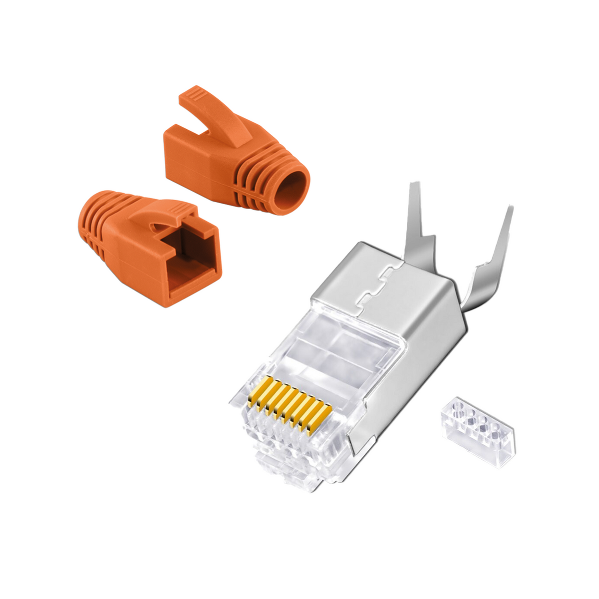 Connecteur RJ45 à sertir Cat.7 / Cat.6A – Argent & Plaqué Or – Kits de 10, 20, 50 avec protection anti-pliage Gris/Orange | RedStar24
