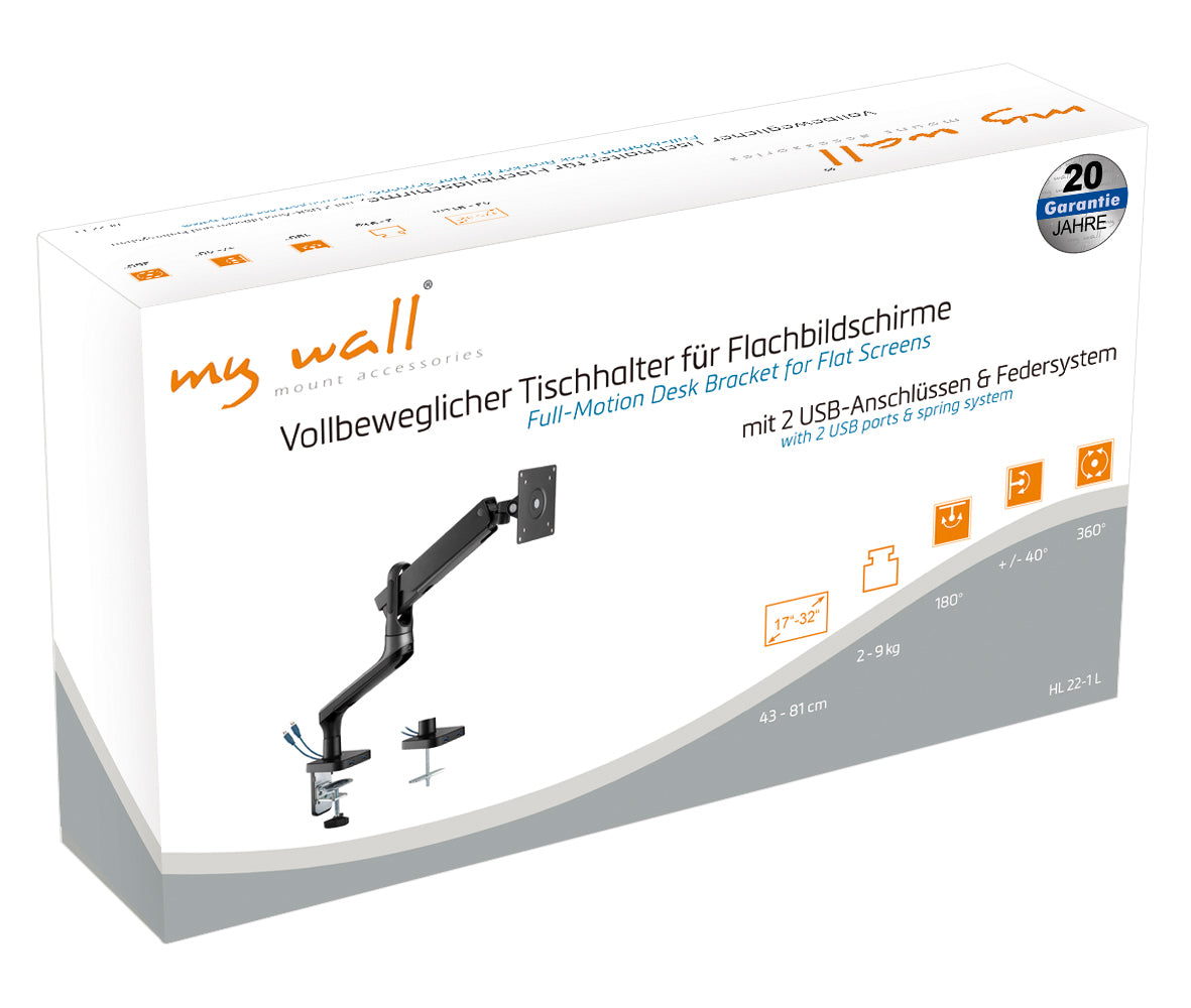my wall Vollbeweglicher Tischhalter mit Federsystem & 2 USB-Anschlüssen für Flachbildschirme (HL 22-1 L)