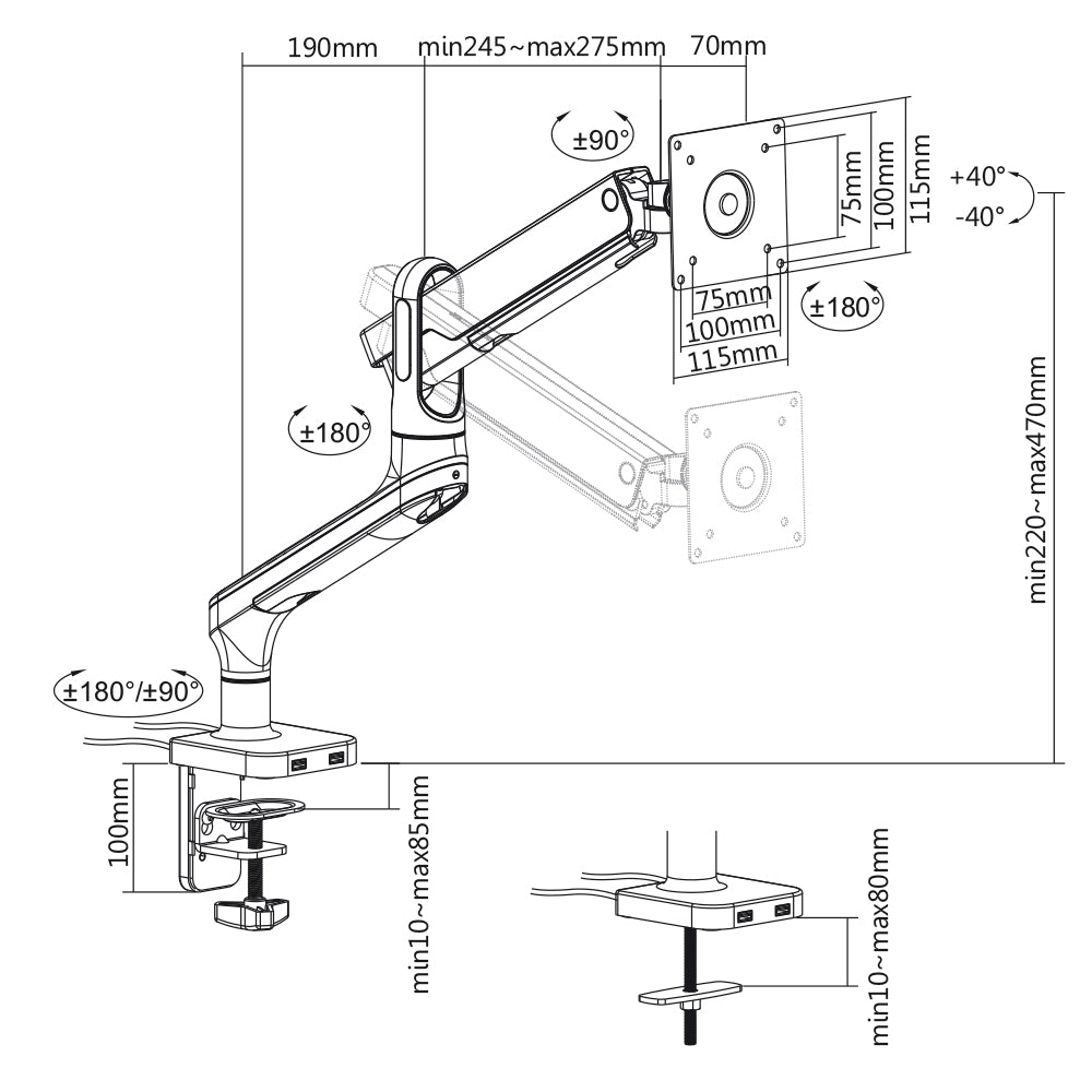 my wall Vollbeweglicher Tischhalter mit Federsystem & 2 USB-Anschlüssen für Flachbildschirme (HL 22-1 L)