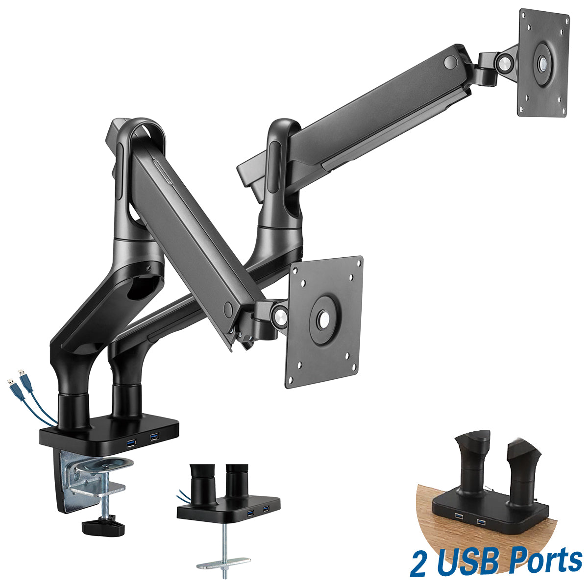 my wall Vollbeweglicher Tischhalter mit Federsystem & 2 USB-Anschlüssen für 2x Flachbildschirme (HL 22-2 L)