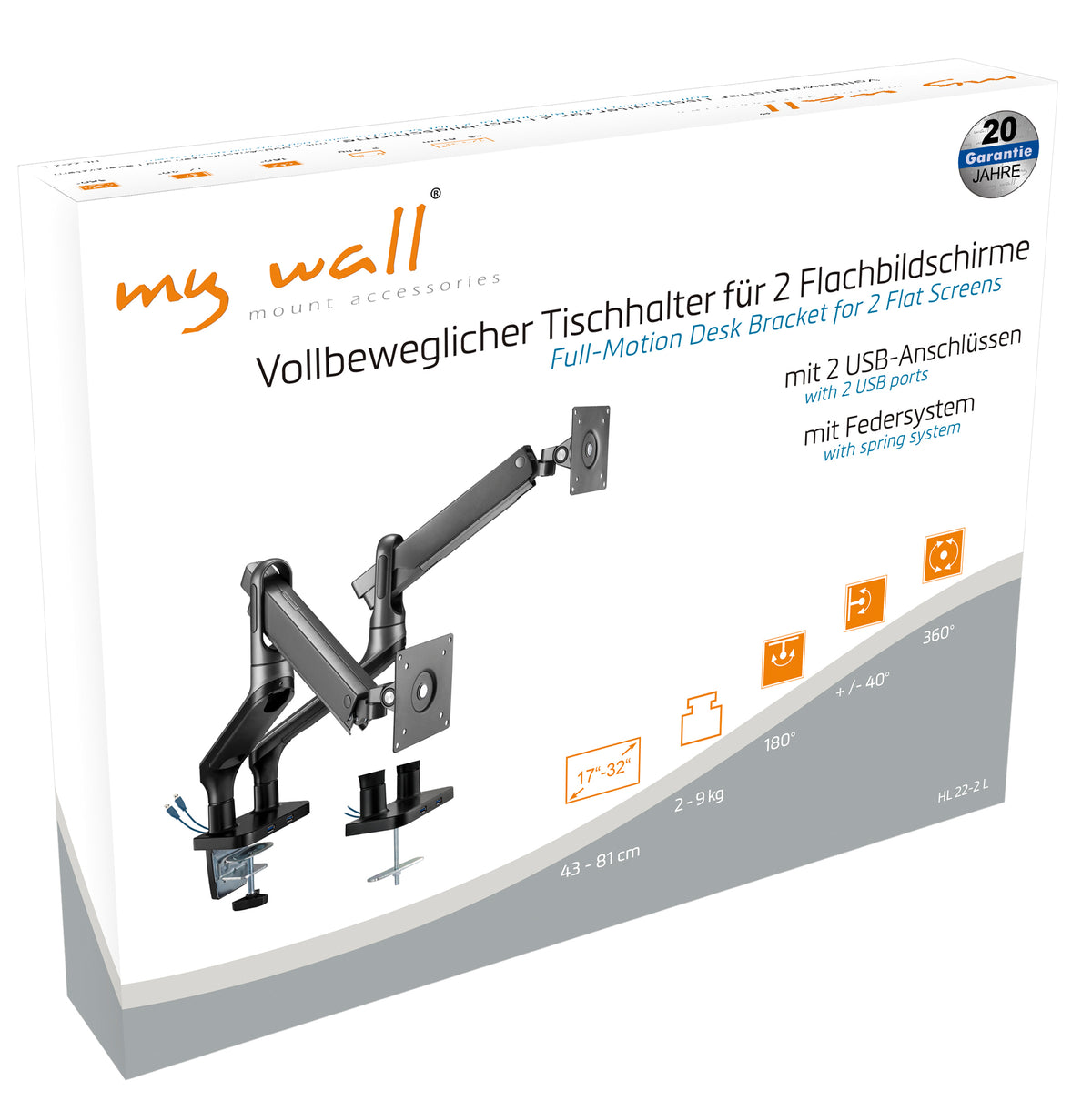 my wall Vollbeweglicher Tischhalter mit Federsystem & 2 USB-Anschlüssen für 2x Flachbildschirme (HL 22-2 L)