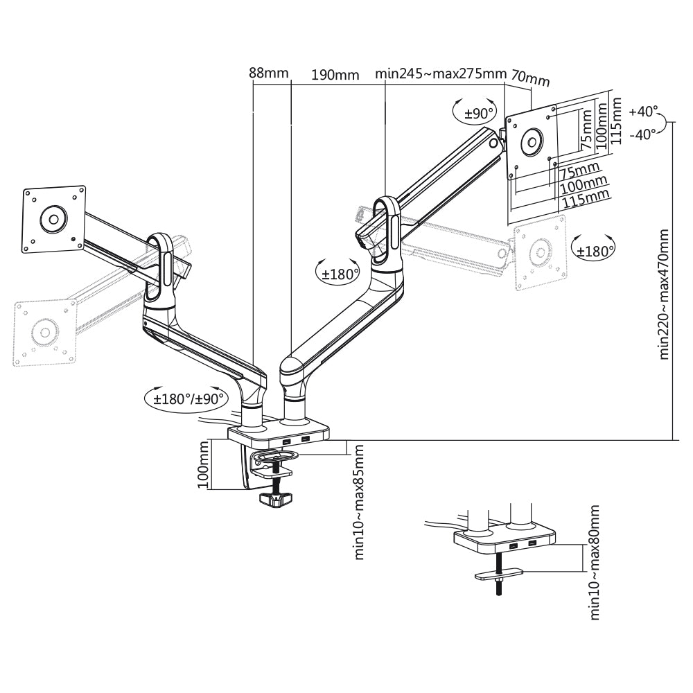 my wall Vollbeweglicher Tischhalter mit Federsystem & 2 USB-Anschlüssen für 2x Flachbildschirme (HL 22-2 L)