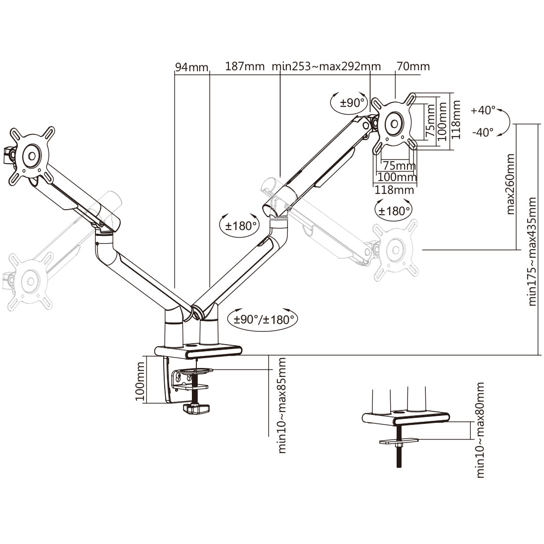 my wall Vollbeweglicher Tischhalter mit Federsystem für 2 Flachbildschirme (HL 23-2 L)