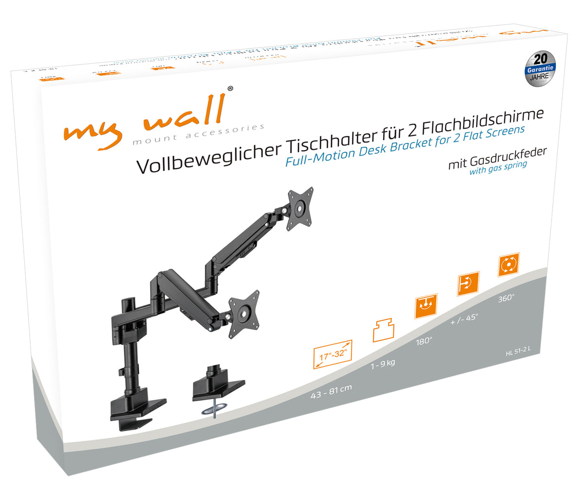 my wall Vollbeweglicher Tischhalter für 2 Flachbildschirme (HL 51-2 L)