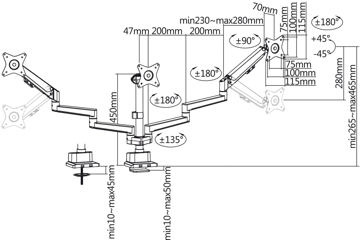 my wall Vollbeweglicher Tischhalter für 3 Flachbildschirme (HL 51-3 L)