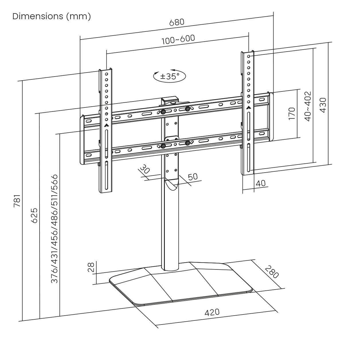 my wall TV Standfuß höhenverstellbar und drehbar (HP 128 L)